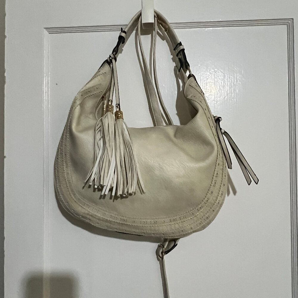 Gorgeous Vegan Leather Cream Structured Tote Bag with Tassels and Zipper Details